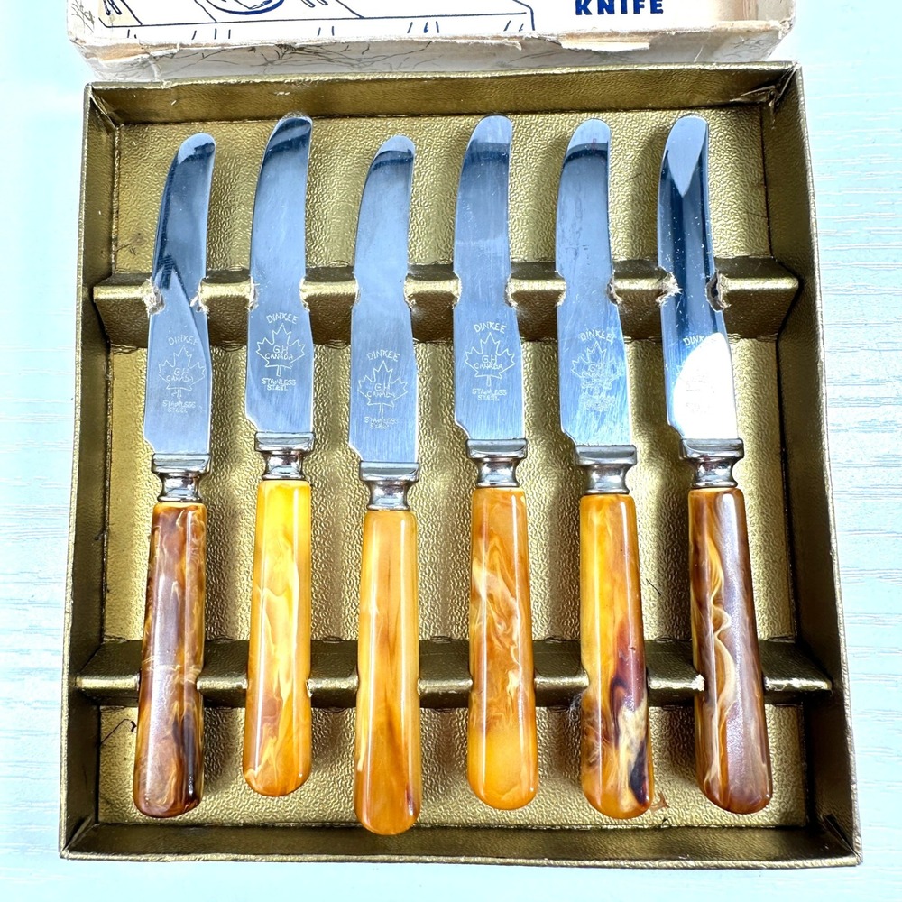 Mid Century Dinkee Knives Set 6 G.H. Canada Stainless Steel Spreaders in Box - Picture 2 of 10
